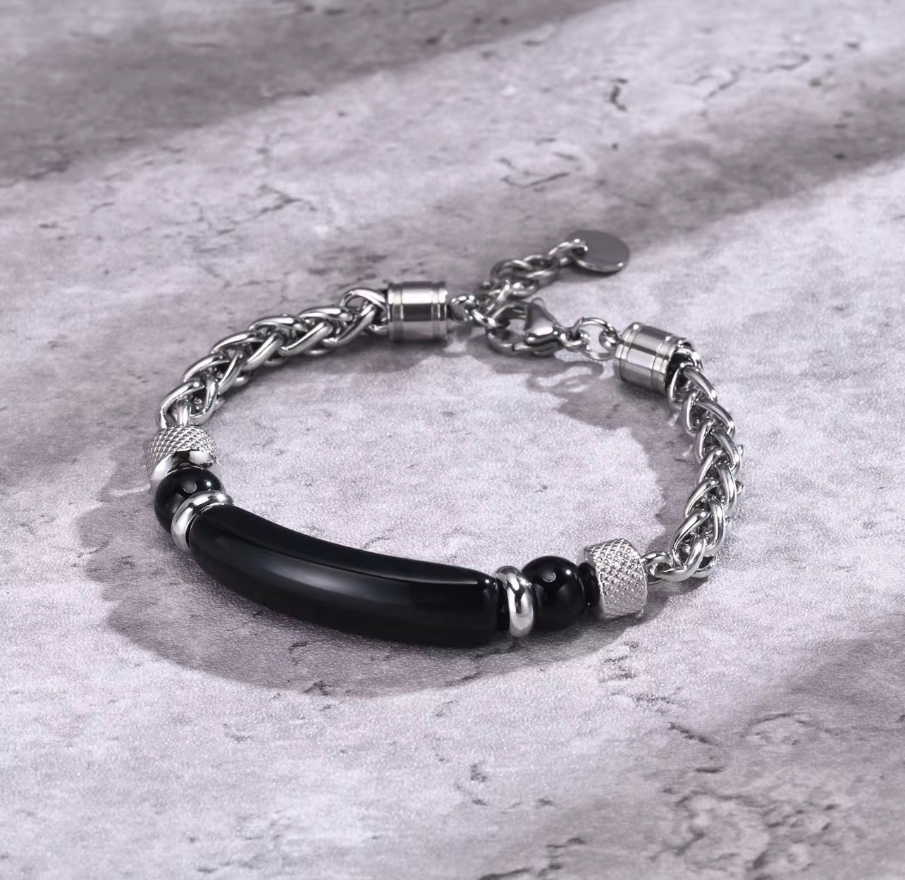 Men’s Black Onyx & Stainless Steel Chain Bracelet