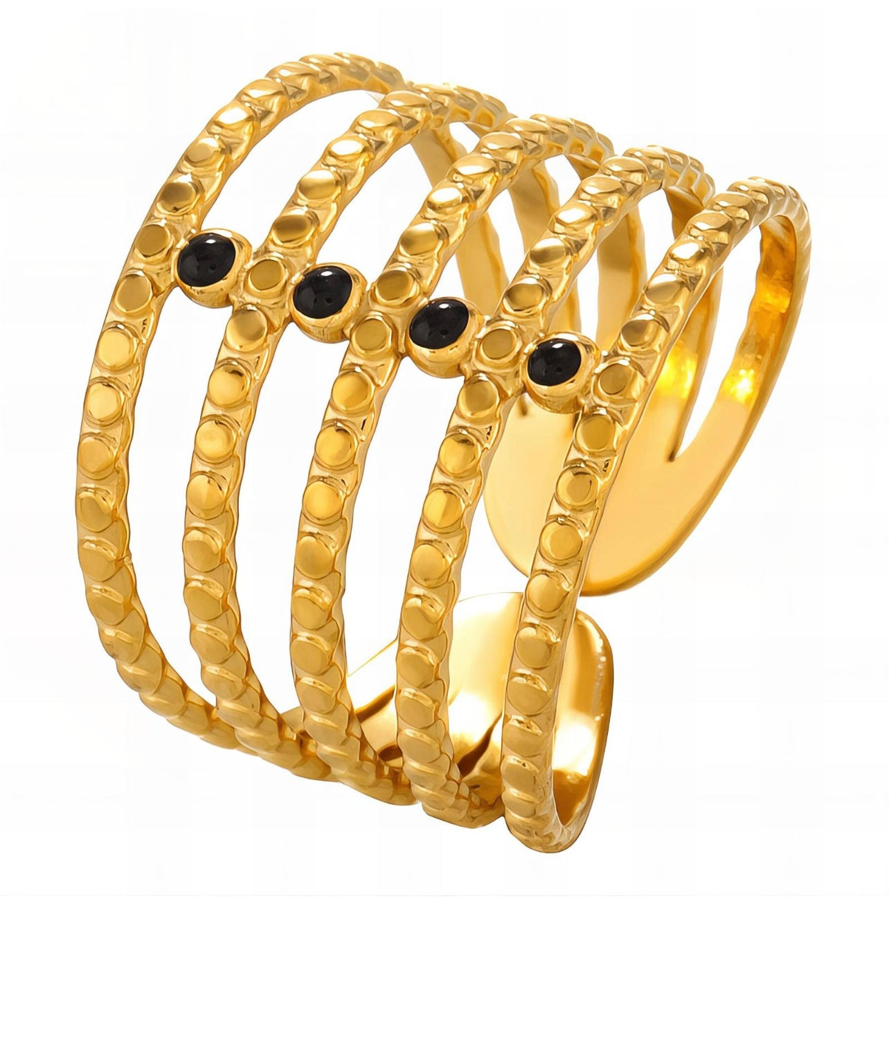 Textured Gold Cuff Ring – Black Onyx-Inspired Stones
