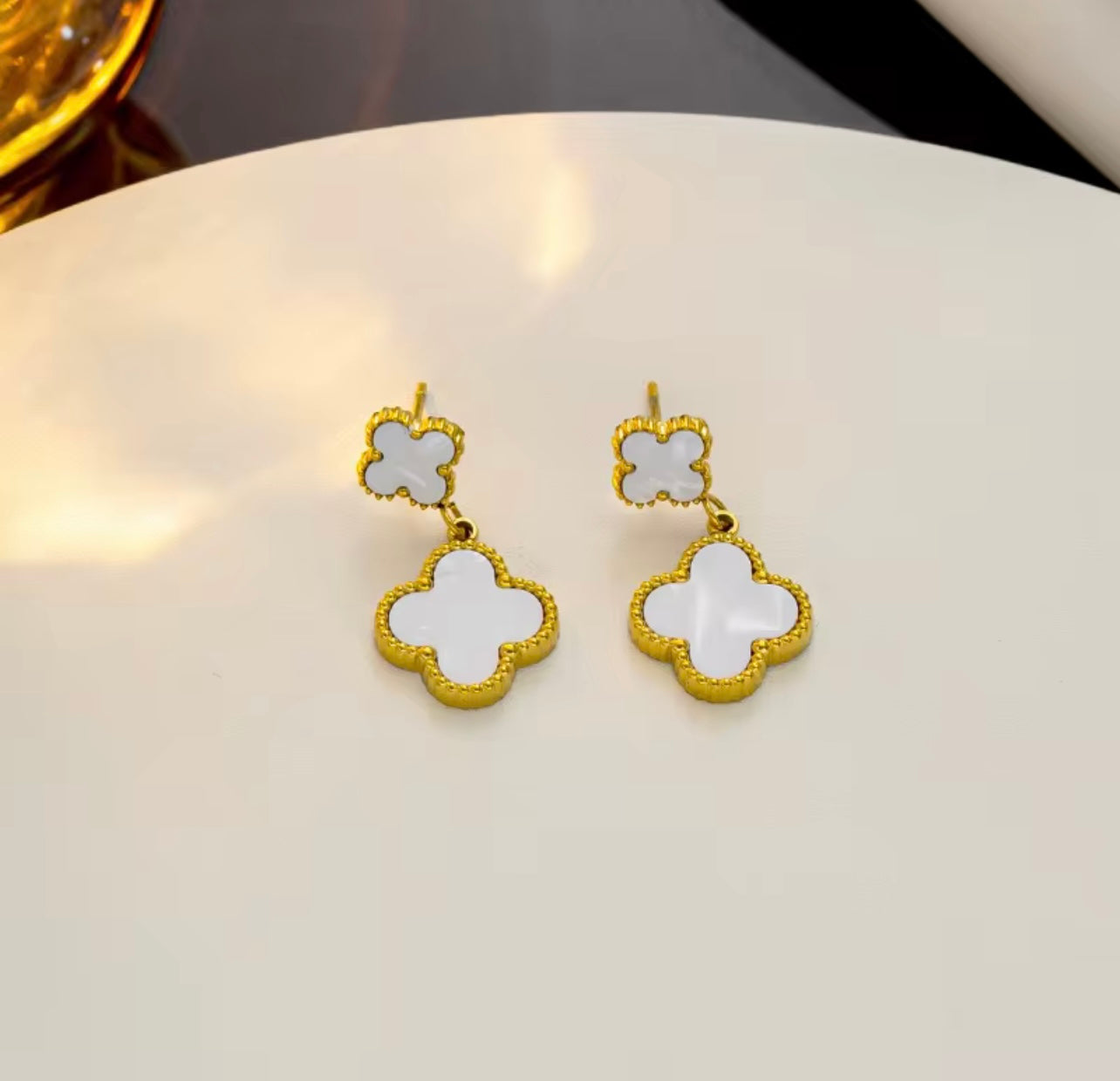 Gold Clover Drop Earrings with White Mother-of-Pearl - 18k gold plated