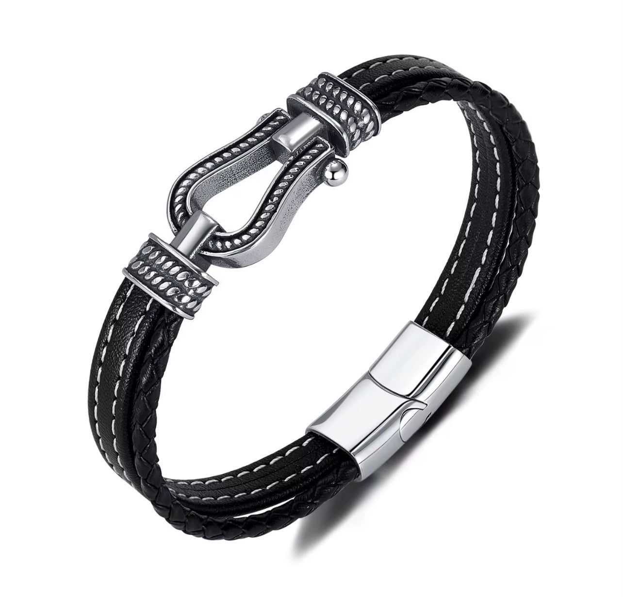 Men’s Black Leather & Stainless Steel Anchor Bracelet