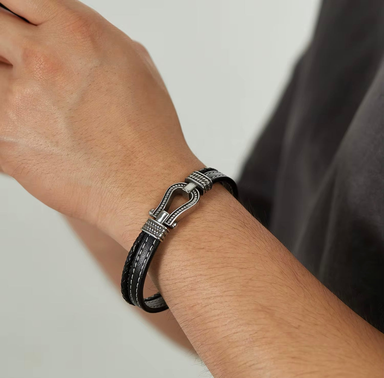 Men’s Black Leather & Stainless Steel Anchor Bracelet