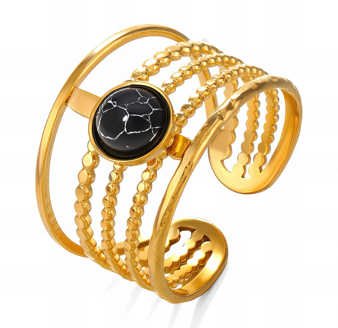 Adjustable Statement Ring with Black Marble Center - 18k gold plated