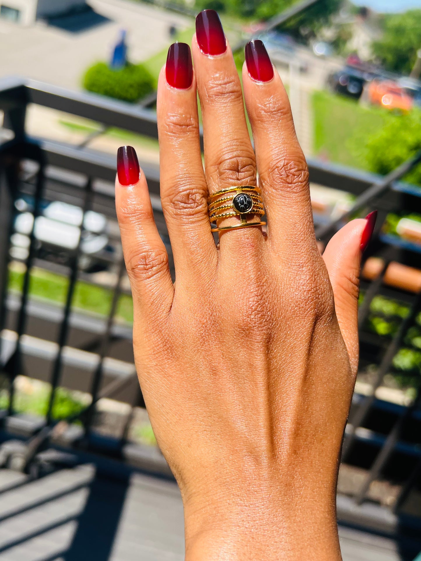 Adjustable Statement Ring with Black Marble Center - 18k gold plated