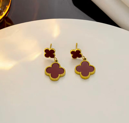 18K Gold‑Plated Wine red Clover Drop Earrings