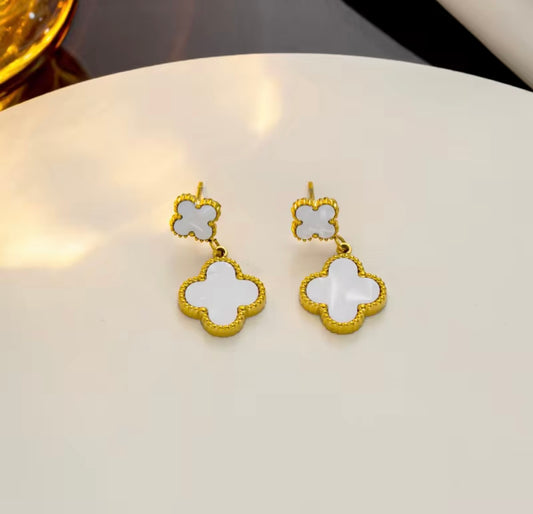 Gold Clover Drop Earrings with White Mother-of-Pearl - 18k gold plated
